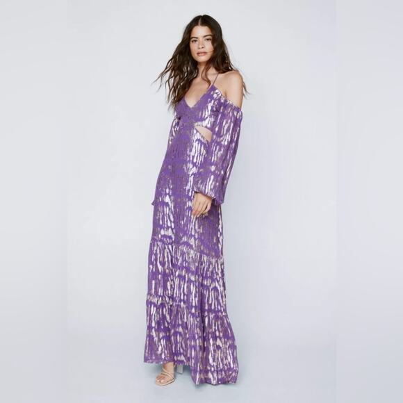 NEW Nasty Gal Purple Metallic Zebra Print Maxi Dress Size 2 - Picture 3 of 9